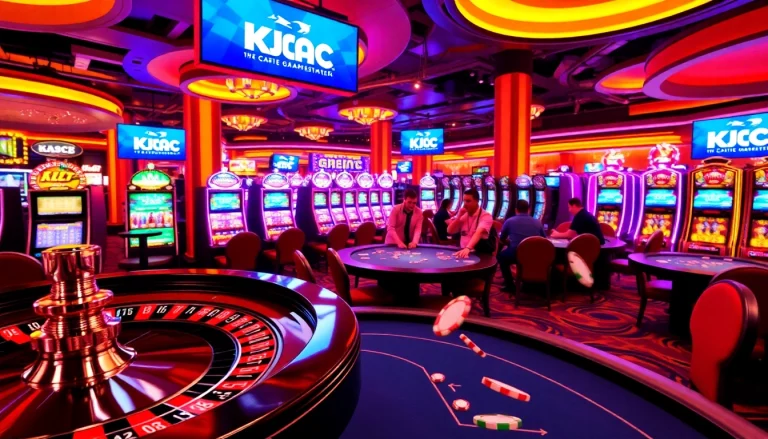 Casino scene showcasing KJC AC with roulette wheel and poker tables.