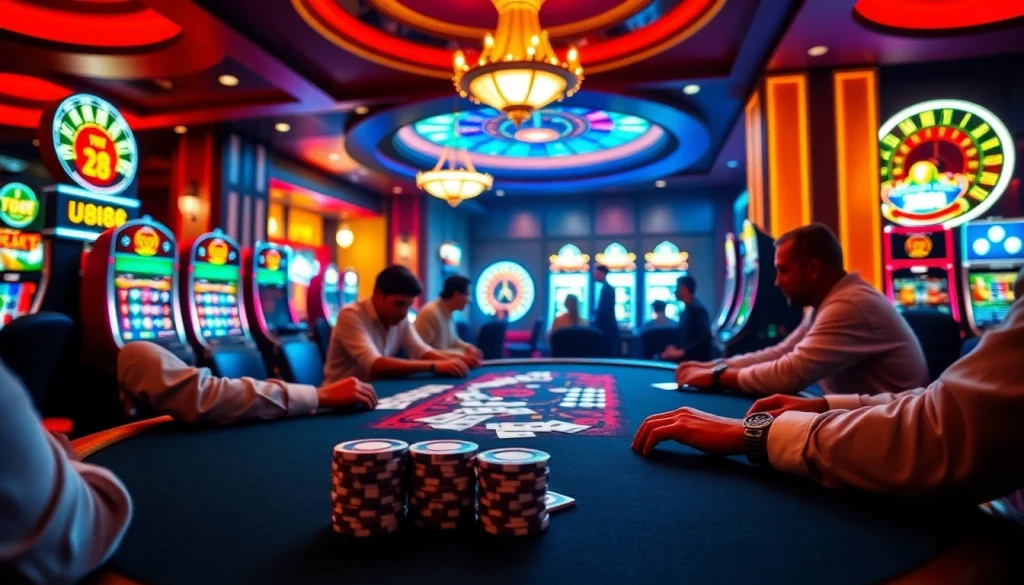 Players enjoying a thrilling poker game at the U888 casino, showcasing vibrant chips and cards.