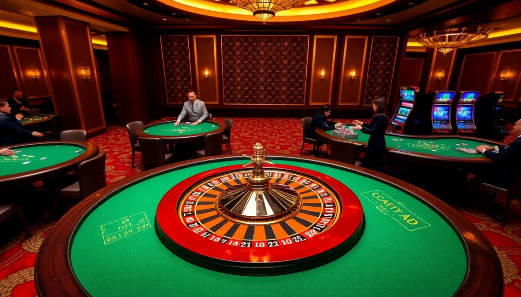 Winning strategies with 상품권카드 in a vibrant casino setup featuring roulette and blackjack tables.