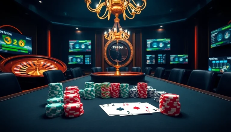 Experience the excitement of F8 bet with vibrant poker chips and cards in a luxurious casino setting.