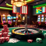 Win big at F168 with vibrant casino games, poker chips, and roulette wheels.
