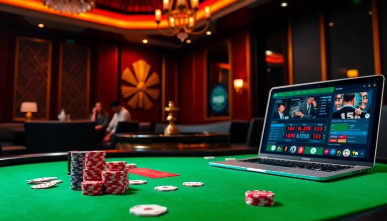 Experience thrilling gaming with MM88 London, featuring an elegant casino setup with poker and roulette.