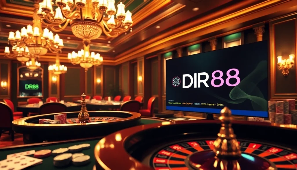 Experience the thrill of gaming at DR88 with a luxurious casino scene featuring poker chips and a roulette wheel.