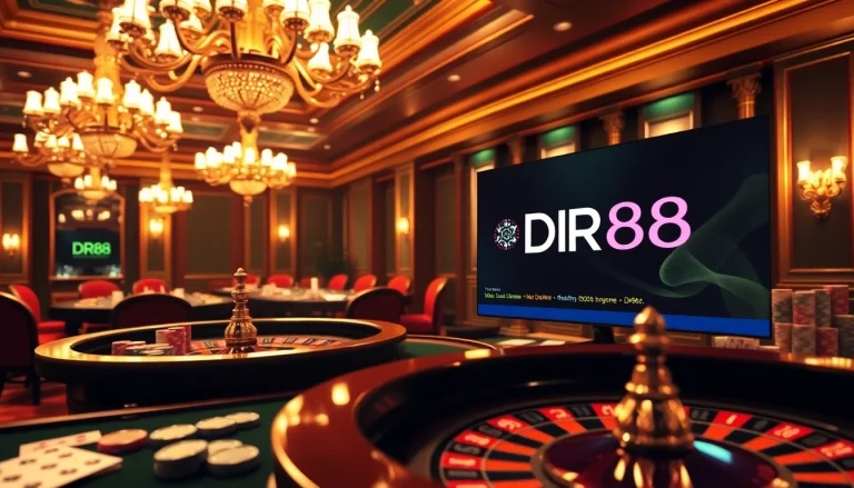 Experience the thrill of gaming at DR88 with a luxurious casino scene featuring poker chips and a roulette wheel.