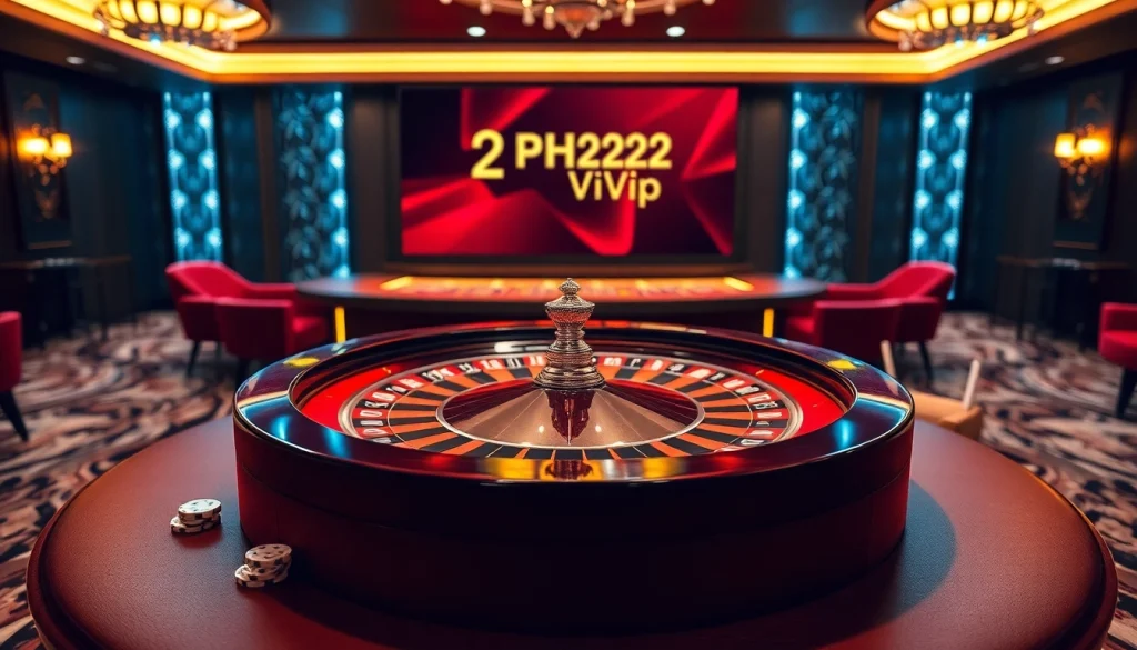 Experience thrilling gameplay at 2PH222 Vip casino with vibrant roulette and poker elements.
