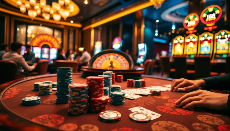 Players engage in high-stakes games at f168's luxurious casino, filled with colorful chips and vibrant slot machines.