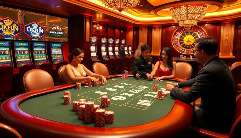 Experience thrilling gambling action with the OKFUN app at a vibrant casino table.