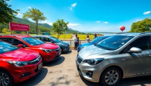 Car hire in Kuching: diverse rental cars in a scenic landscape showcasing local culture.