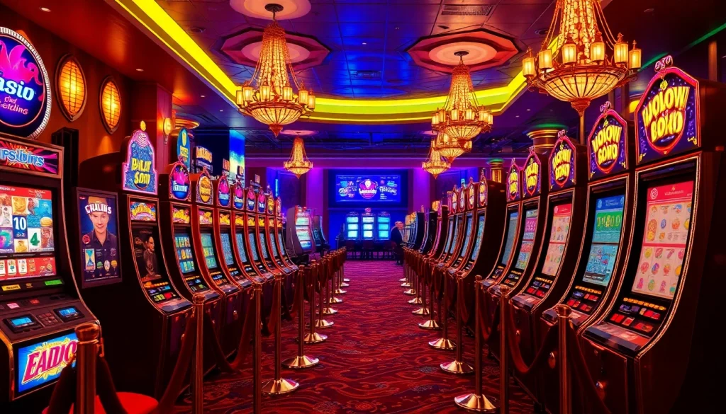 Players enjoying a thrilling experience at various Slot machines in an upscale casino setting.
