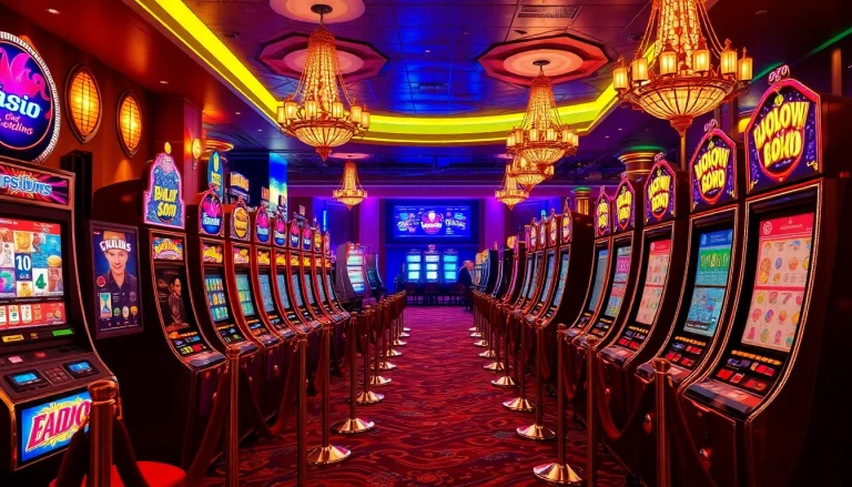 Players enjoying a thrilling experience at various Slot machines in an upscale casino setting.