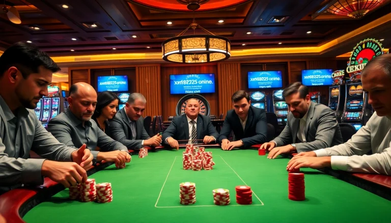 High-stakes gambling scene at https://xn882025.online/ with poker chips, roulette wheel, and intense players.