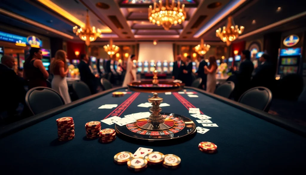 Gambling celebration at a Hi88 wedding featuring luxurious poker tables and elegant decoration.