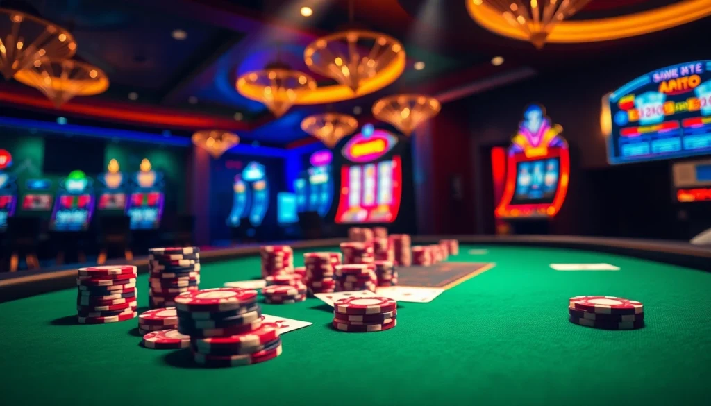 Engage in the vibrant atmosphere of birutoto with a glamorous casino scene filled with poker chips and slot machines.
