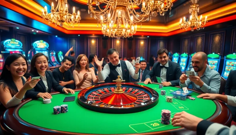 Experience the thrilling atmosphere of PU88 with players enjoying roulette and poker in a vibrant casino.