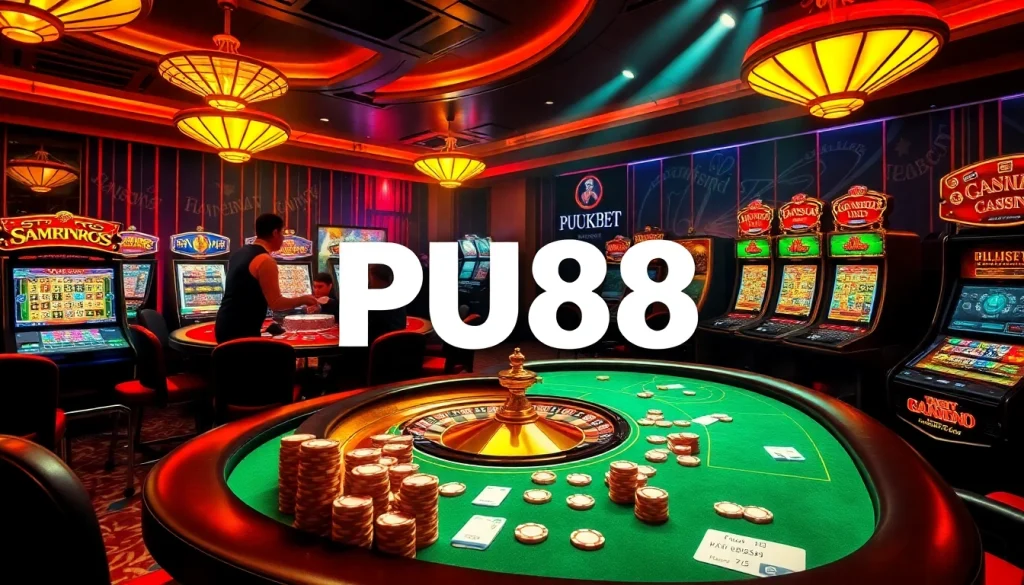 Experience the thrill of PU88 at a luxurious casino scene with vibrant slot machines and poker action.