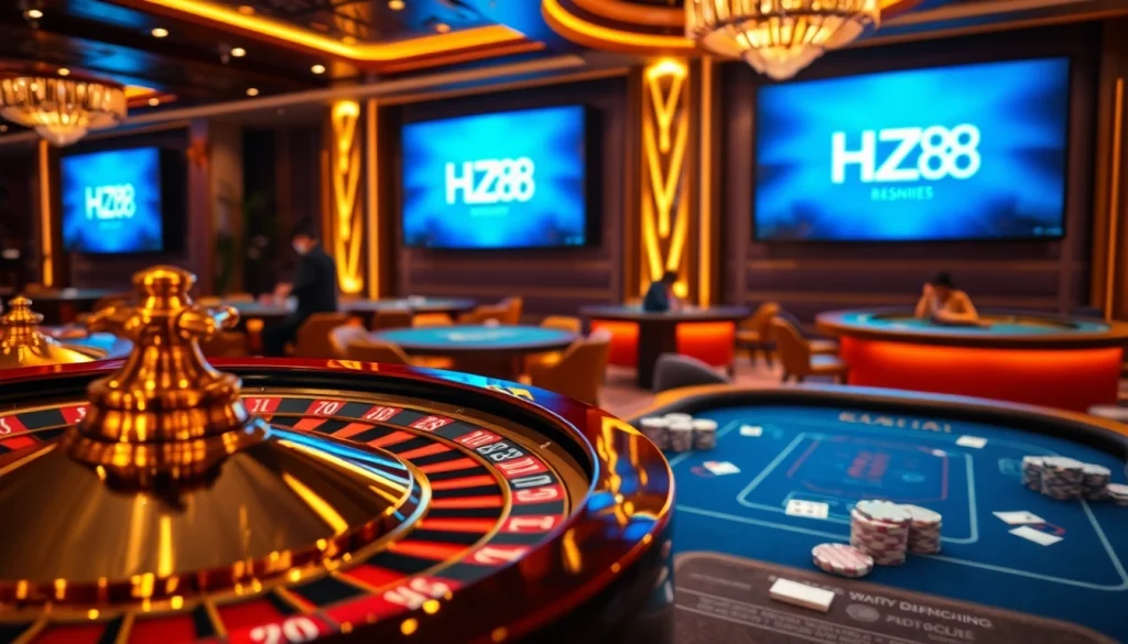 Experience the thrill of gambling at HZ 88 with upscale casino tables and vibrant roulette wheels.