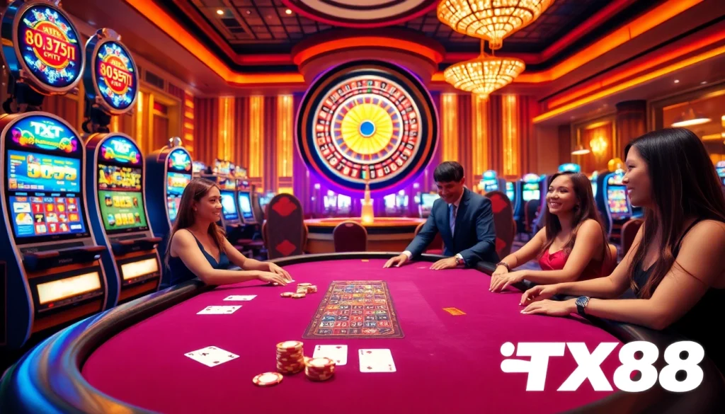 TX88 casino gaming atmosphere with vibrant tables, joyful players, and exciting games.