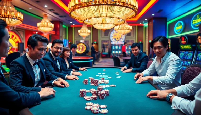 The scene showcases a lively poker table at nhà cái go8 casino, featuring players immersed in an intense game.
