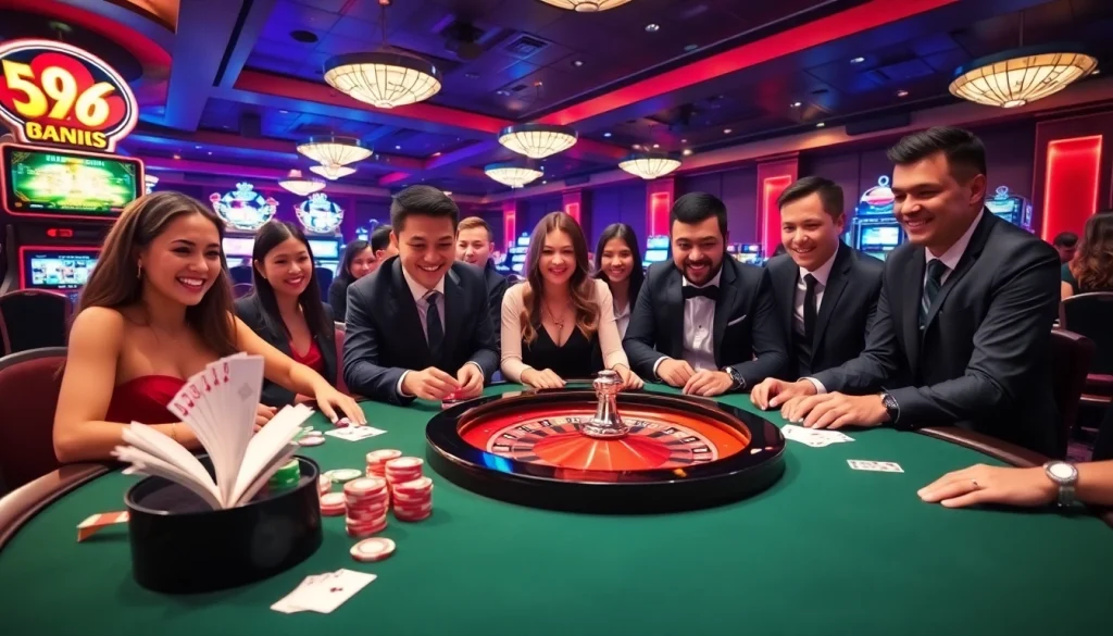 Engaged players enjoying a game at DA88 casino with a vibrant poker table and roulette wheel.