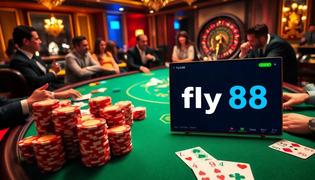 Experience excitement at the fly 88 gaming table filled with vibrant poker chips and cards.