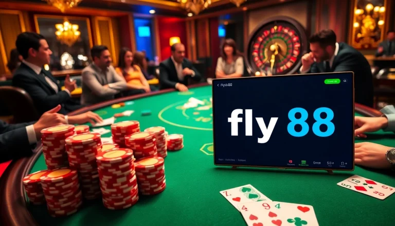 Experience excitement at the fly 88 gaming table filled with vibrant poker chips and cards.