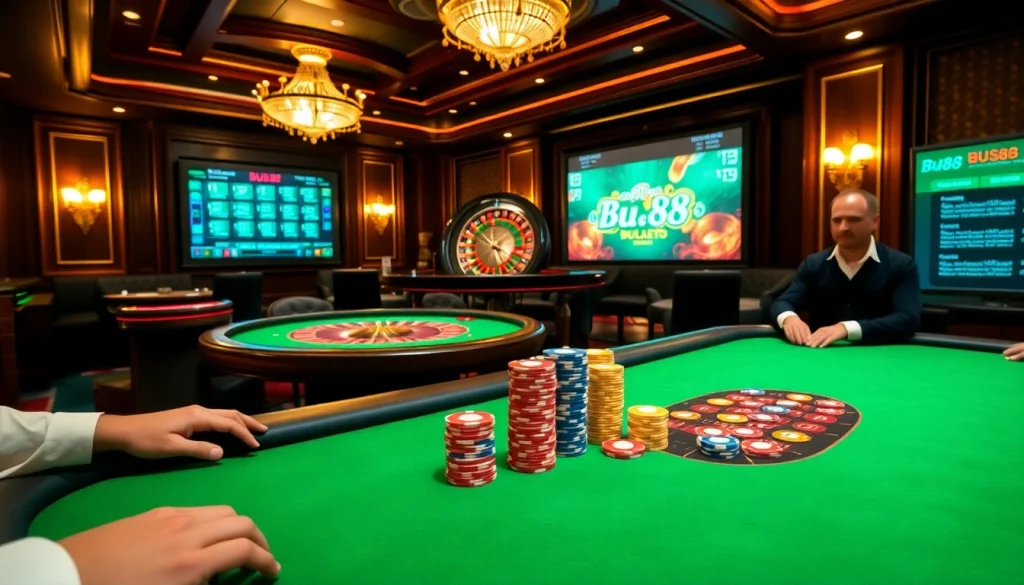 Bu88 players enjoying an upscale casino experience with poker chips and roulette tables.