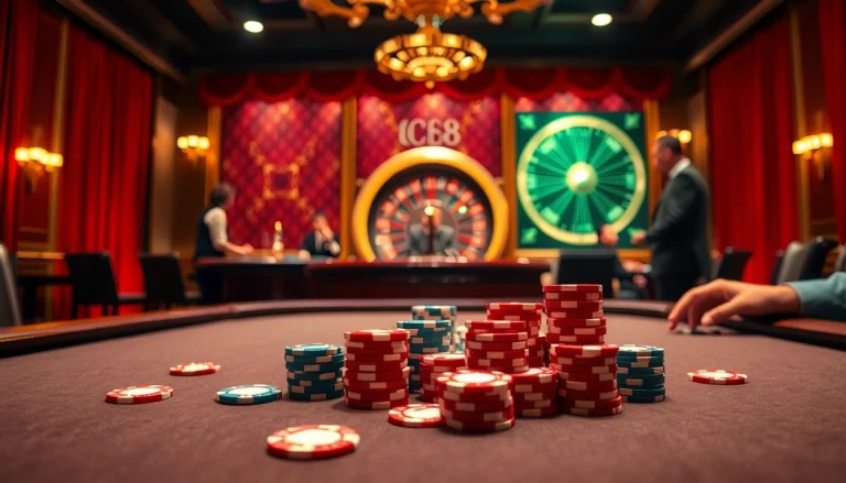 Players enjoying high-stakes games at lc88 casino with vibrant chips and a roulette wheel.