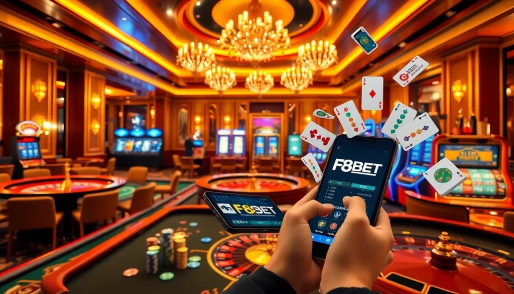 Players enjoying online gambling at Nhà cái F8BET, featuring vibrant casino tables and modern interfaces.