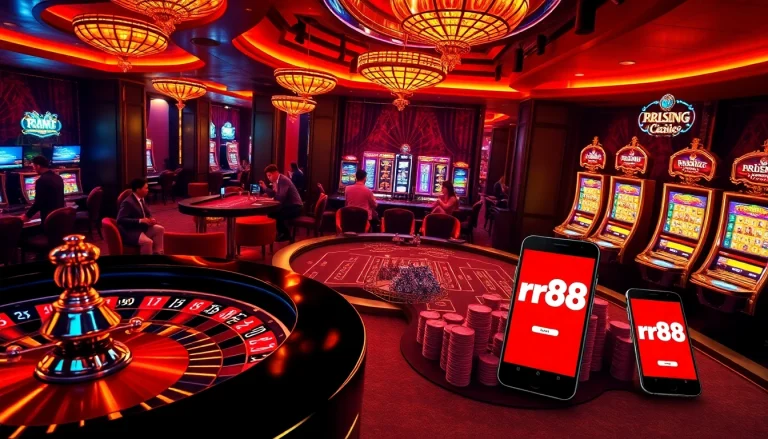 Players engaging in thrilling casino games at RR88, featuring vibrant roulette and poker tables.