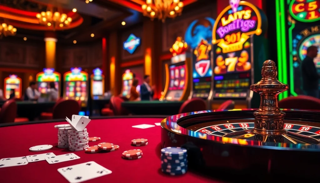 Players enjoying high-stakes games at Lucky88 casino with vibrant slot machines and poker tables.
