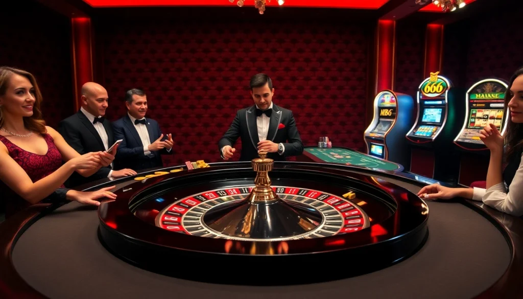 Players enjoying a thrilling roulette game at MB66 casino with glamorous atmosphere.