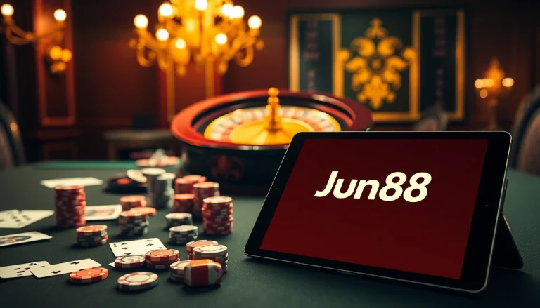 Experience thrilling gameplay at Jun88 with poker tables, chips, and more.