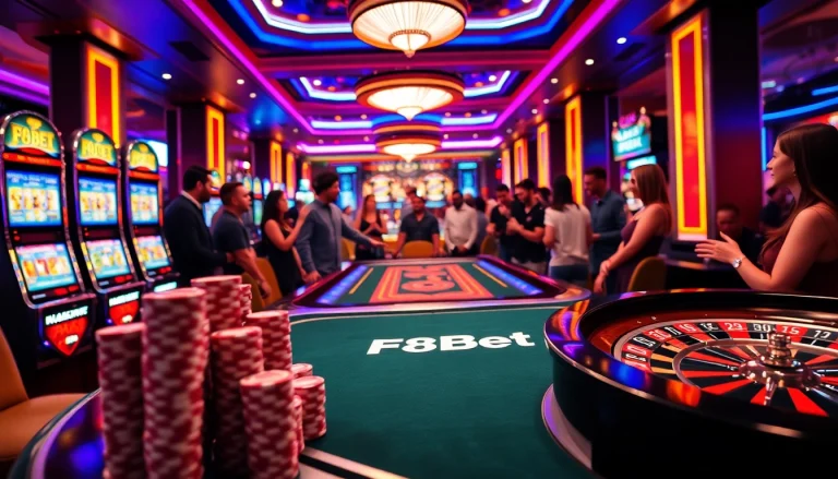 Engaged players at an F8Bet gaming table in a luxurious casino setting.