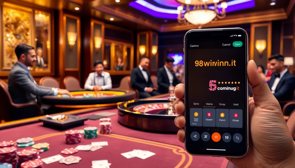 Experience the thrilling atmosphere of a casino showcasing https://98winn.it.com/ with poker chips, cards, and online interface.
