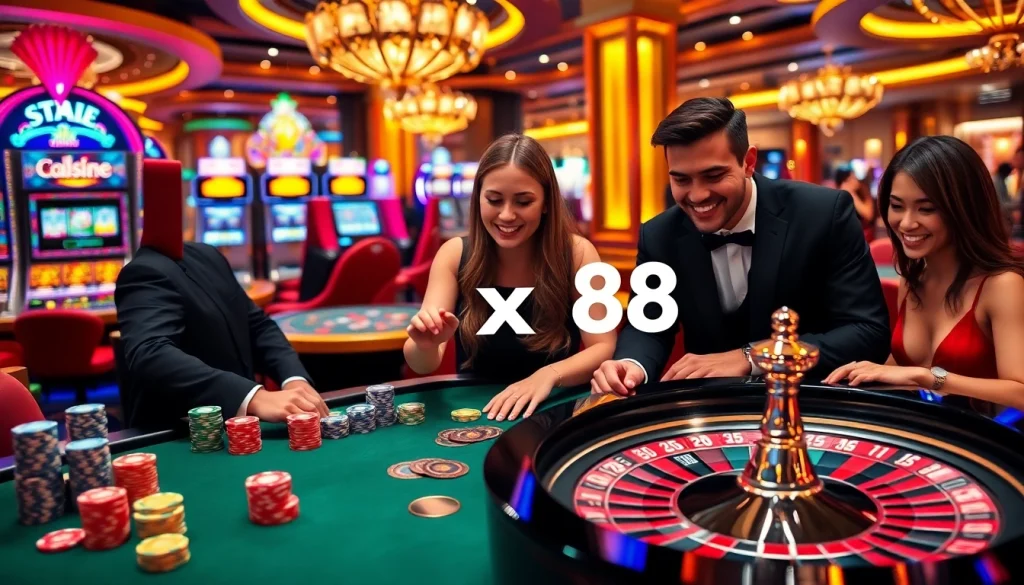 Excited players at a luxurious gaming table in a xx88 casino atmosphere, showcasing vibrant poker chips.