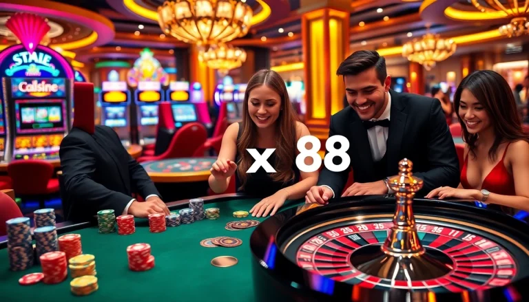 Excited players at a luxurious gaming table in a xx88 casino atmosphere, showcasing vibrant poker chips.