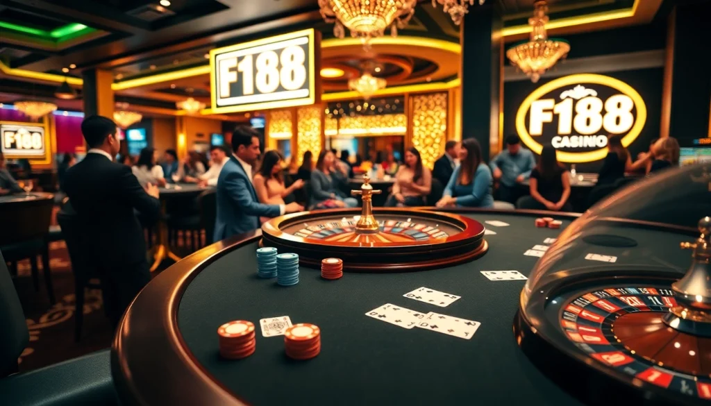 Experience the thrilling atmosphere of F168 casino with vibrant poker and roulette games.