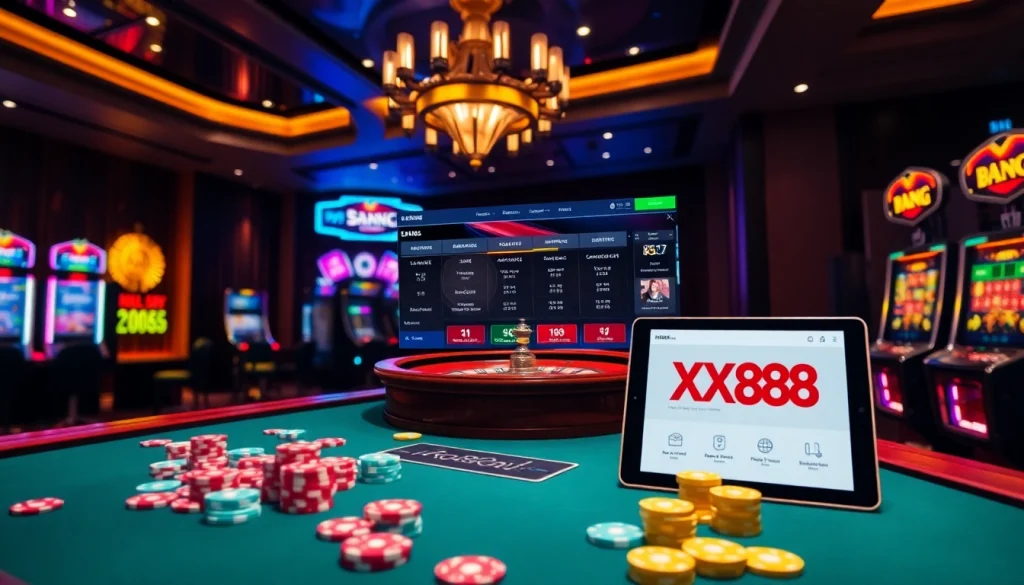 Exciting online betting with XX88 HOW on a luxurious casino table filled with poker chips and a spinning roulette wheel.