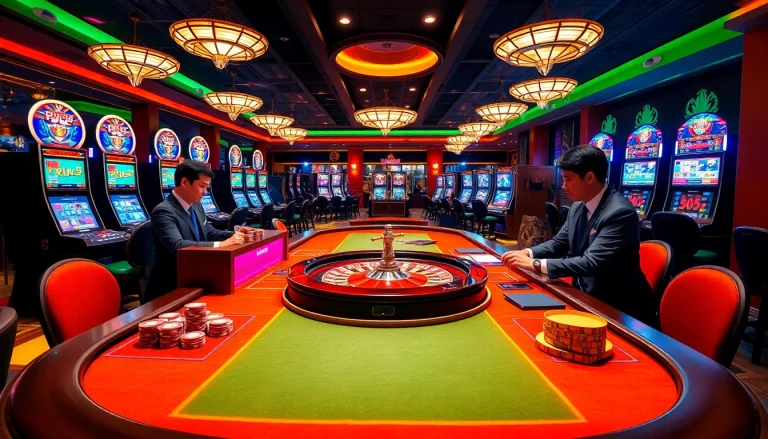 Exciting casino atmosphere at gem88 featuring poker tables and slot machines in a luxurious setting.
