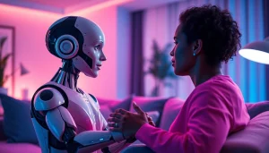 Engaging scene with an AI sex bot having an intimate conversation, showcasing connection and innovation.