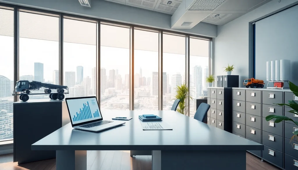 Księgowość dla firm transportowych w nowoczesnym biurze księgowym z wykresami finansowymi i modelami transportu.