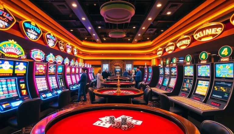 Situs Slot Terpercaya showcases an exciting casino floor with vibrant slot machines and players engaged in betting.