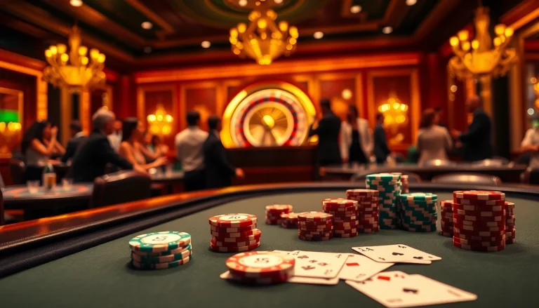 Experience the thrill of gambling at 9bet with a vibrant poker table and roulette wheel in a luxurious casino.