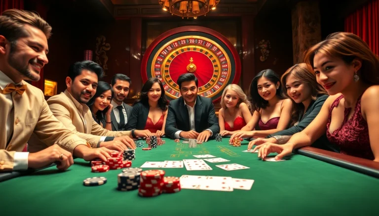 Casino scene with poker chips and roulette wheel showcasing thrilling gambling action at Ok99.
