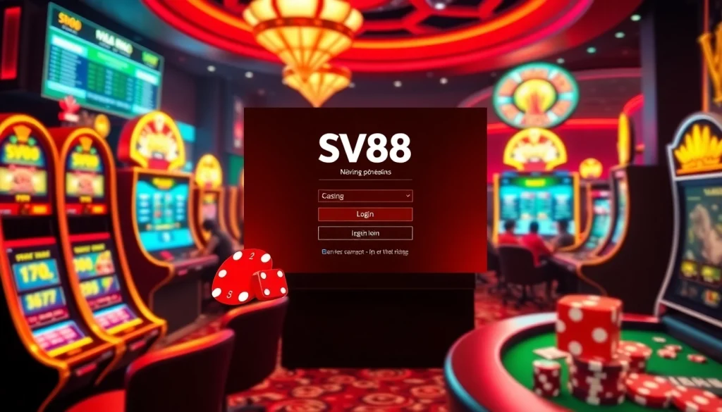 Exciting casino interface showcasing sv88 đăng nhập with vibrant slots, poker chips, and glowing tables.