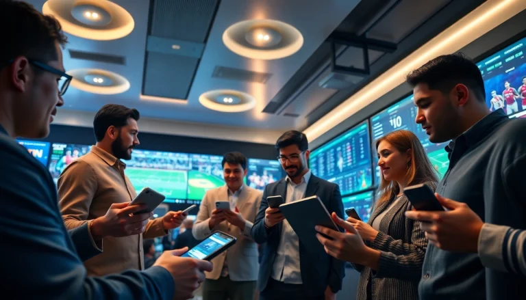 Engaging scene of diverse individuals using 8Kbet's online betting platform with vibrant sports graphics.