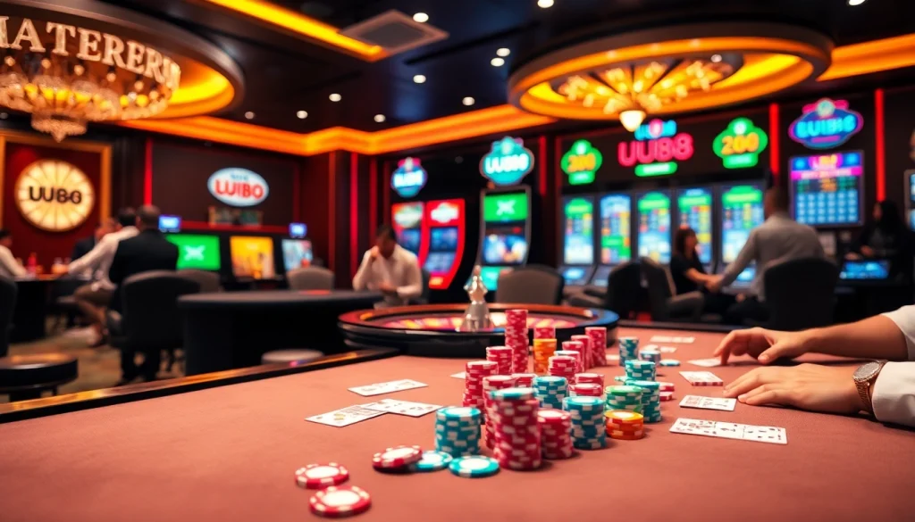 Players enjoy exciting poker games while immersed in the luxury of UU88's vibrant casino atmosphere.