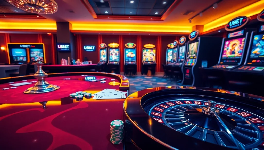 Experience luxury gaming with USBET, featuring poker chips, cards, and a vibrant roulette wheel.