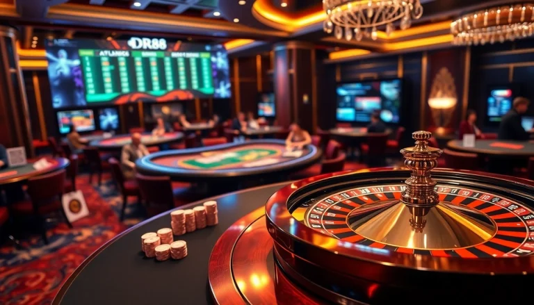 Experience thrilling gameplay at DR88's luxurious casino with chips, cards, and roulette.