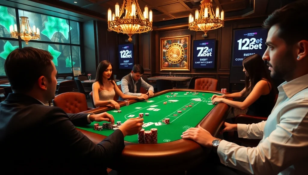 Play exciting poker at 12bet's casino tables with vibrant chips and cards.